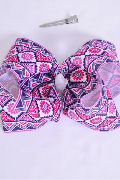 Hair Bow Extra Jumbo Cheer Type Bow Aztec Grosgrain Bow-tie / 12 pcs Bow = Dozen  Alligator Clip , Size - 8" x 7" Wide , Clip Strip & UPC Code