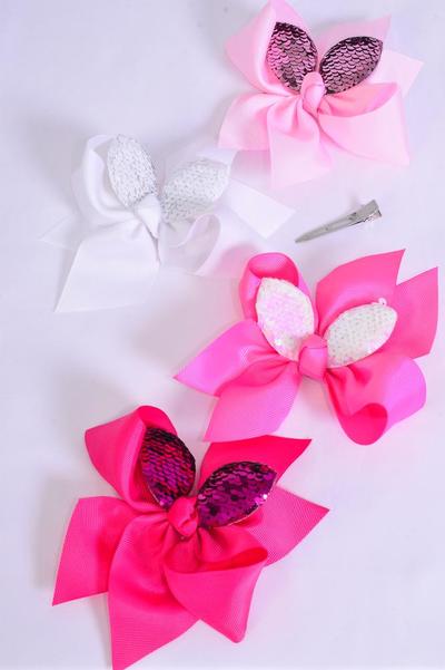 Hair Bow Jumbo Bunny Ears Flip Sequin Grosgrain Bowtie Pink Mix / 12 pcs Bow = Dozen Pink Mix , Alligator Clip , Size - 6.5" x 6" Wide , 3 White , 3 Baby Pink , 3 Hot Pink , 3 Fuchsia Color Asst , Clip Strip and UPC Code
