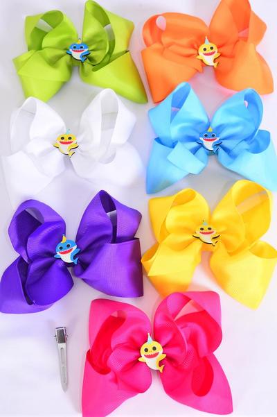 Hair Bow Jumbo Center Happy Shark Charm Grosgrain Bow-tie Citrus / 12 pcs Bow = Dozen Alligator Clip , Size - 6" x 5" Wide , 2 White , 2 Fuchsia , 2 Purple , 2 Yellow , 2 Blue , 1 Lime , 1 Orange Color Asst , Clip Strip and UPC Code