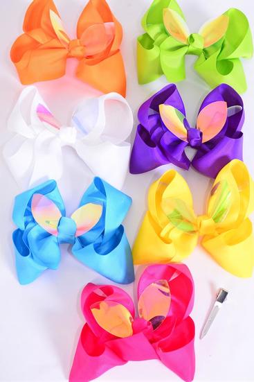 Hair Bow Jumbo Easter Bunny Ears Grosgrain Bow-tie / Dozen Citrus, Alligator Clip ,Size-6"x 6" Wide ,2 White ,2 Fuchsia ,2 Purple ,2 Yellow ,2 Blue ,1 Lime ,1 Orange Color Asst ,Clip Strip & UPC Code