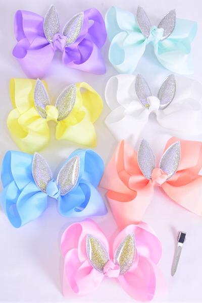 Hair Bow Jumbo Bunny Ears  Iridescent Grosgrain Bow-tie Pastel / 12 pcs Bow = Dozen  Alligator Clip , Size - 6" x 5" , 2 White , 2 Baby Pink , 2 Lavender , 2 Blue , 2 Yellow , 1 Peach , 1 Mint Green Color Asst , Clip Strip and UPC Cod
