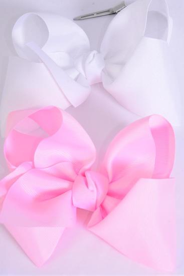 Hair Bow Extra Jumbo Cheer Type Bow Baby Pink White Color Mix Grosgrain Bow-tie / 12 pcs Bow = Dozen  Alligator Clip , Size - 8" x 7" Wide , 6 baby Pink , 6 White Color Asst , Clip Strip & UPC Code