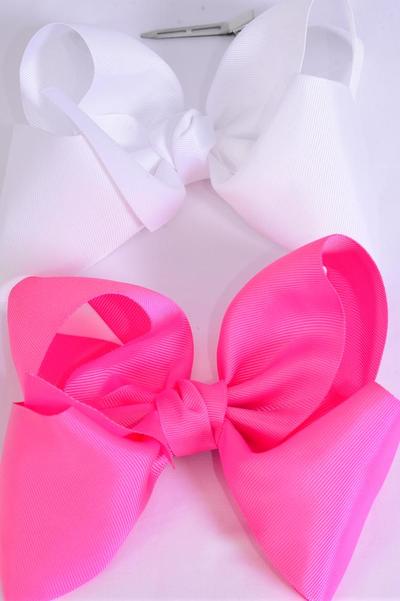 Hair Bow Jumbo Hot Pink & White Mix Grosgrain Bow-tie / 12 pcs Bow = Dozen Hot Pink & White Mix , Alligator Clip , Size - 6" x 5" Wide , 6 Hot Pink , 6 White Color Asst , Clip Strip & UPC Code