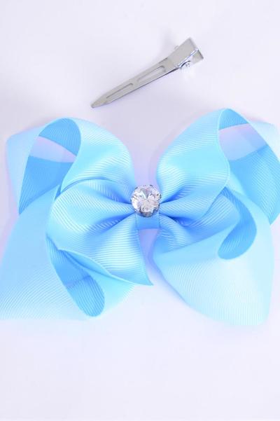 Hair Bow Jumbo 12 mm CZ Cubic Zirconium Grosgrain Bow-tie Sky Blue / 12 pcs Bow = Dozen Alligator Clip , Size - 6" x 5" Wide , Clip Strip & UPC Code