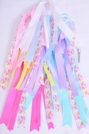 Hair Bow Long Tail Triple Layered Happy Easter Bunnys Grosgrain Bowtie Pastel / Dozen Alligator Clip , Size-7" Long ,2 White ,2 Yellow ,2 Blue ,2 Baby Pink ,2 Lavender ,1 Hot Pink ,1 Mint Green Asst , Hang Tag & UPC Code,W Clear Box