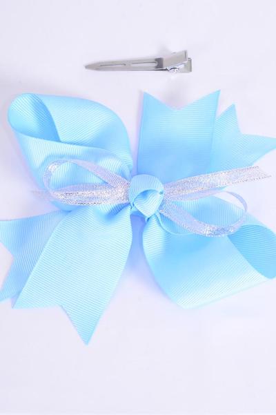 Hair Bow jumbo Center Silver Metallic Bowtie Baby Blue Blue / 12 pcs Bow = Dozen Alligator Clip , Size-6"x 5" Wide , Clip Strip & UPC Code