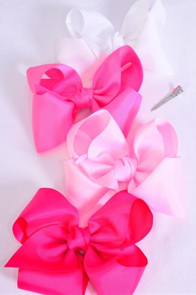 Hair Bow Extra Jumbo Cheer Type Bow Pink Mix Grosgrain Bow-tie / 12 pcs Bow = Dozen  Alligator Clip , Size - 8" x 7" Wide , 3 White , 3 Baby Pink , 3 Hot Pink , 3 Fuchsia Asst , Clip Strip & UPC Code