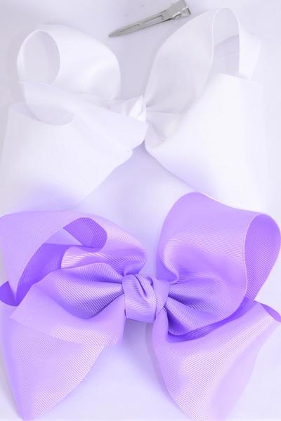 Hair Bow Jumbo Lavender & White Mix Grosgrain Bow-tie / 12 pcs Bow = Dozen Alligator Clip , Size-6"x 5" Wide , 6 of each Color Asst , Clip Strip & UPC Code