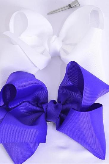 Hair Bow Jumbo Purple White Mix Grosgrain Bow-tie / 12 pcs Bow = Dozen Alligator Clip , Size - 6" x 5" Wide , 6 Purple , 6 White Color Asst , Clip Strip & UPC Code