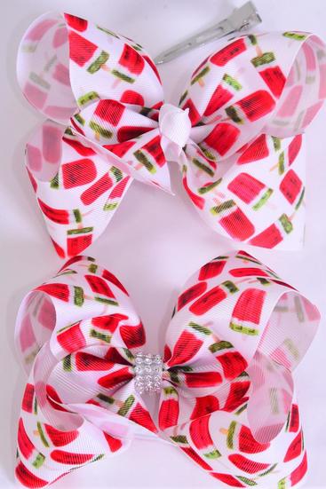 Hair Bow Jumbo Watermelon Popsicle Grosgrain Bow-tie/DZz **Alligator Clip** Size-6"x 6" Wide,6 of each Pattern Asst,Clip Strip & UPC Code