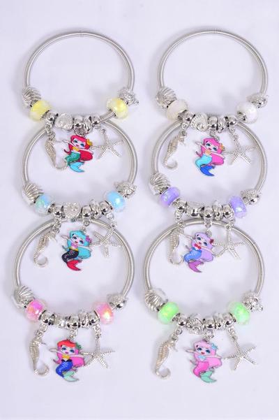 Bracelet Charm Bracelet Seahorse Staefish Enamel Mermaid Charms / 12 pcs = Dozen match 00092  Stretch , 2 Of Each Pattern Asst , Hang Tag & Opp Bag & UPC Code
