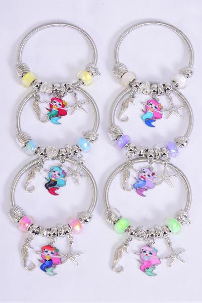 Charm Bracelet Seahorse Staefish & Enamel Mermaid Charms / 12 pcs = Dozen match 00092 Stretch , 2 Of Each Pattern Asst , Hang Tag & Opp Bag & UPC Code