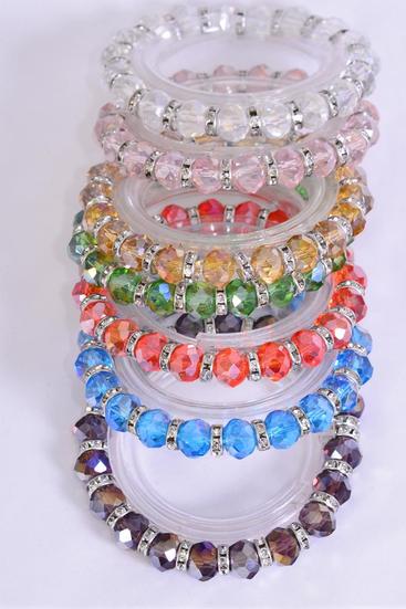 Bracelet Iridescent 10 mm Glass Crystal Stretch Clear Multi/DZ Multi,Stretch,2 Clear,2 Champagne,2 Blue,2 Purple,2 Pink,1 Lime,1 Orange Mix,, Hang Tag & Opp Bag & UPC Code