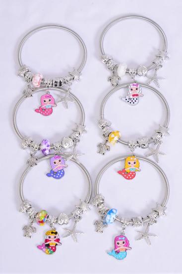 Bracelet Charm Bracelet Mermaid Charm Enamel / 12 pcs = Dozen match 00079  Stretch , 2 Of Each Pattern Asst , Hang Tag & Opp Bag & UPC Code