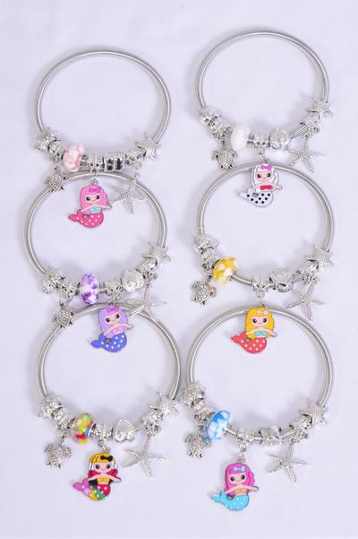 Charm Bracelet Mermaid Charm Enamel / 12 pcs = Dozen match 00079 Stretch , 2 Of Each Pattern Asst , Hang Tag & Opp Bag & UPC Code