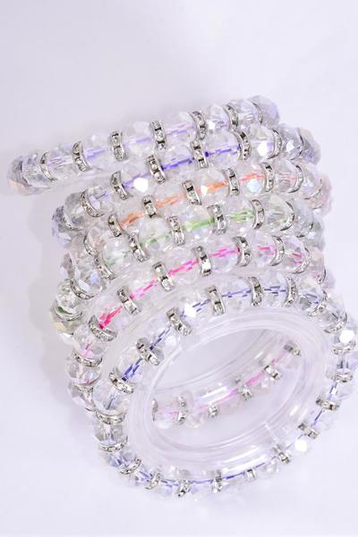 Bracelet Iridescent 10 mm Glass Crystal Stretch Clear Multi / 12 pcs = Dozen Stretch , 2 Of each Color Asst , Hang Tag & Opp Bag & UPC Code