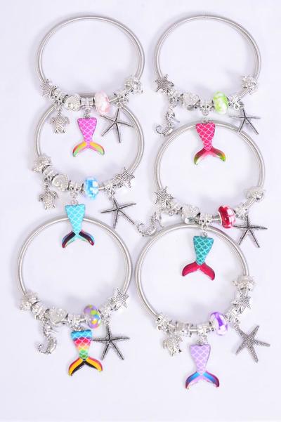 Bracelet Charm Bracelet Mermaid Tail Enamel Sea Creatures Charms / 12 pcs = Dozen Match 25752 00073 Stretch , 2 Of Each Pattern Asst , Hang Tag & Opp Bag & UPC Code