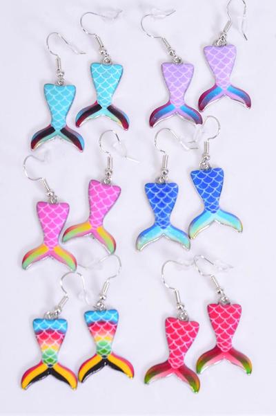 Earrings Mermaid Tail Enamel Color Asst / 12 pair = Dozen match 25752 25017 Multi , Fish Hook , 2 Of each Pattern Asst , Earring Card & OPP Bag & UPC Code