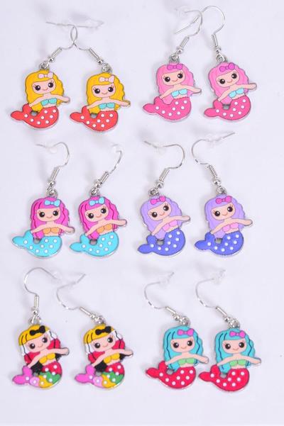 Earrings Mermaid Enamel Color Asst / 12 pair = Dozen match 25018 20483 Fish Hook , 2 Of each Pattern Asst , Earring Card & OPP Bag & UPC Code