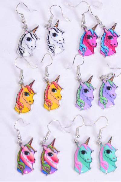 Earrings Unicorn Enamel Color Asst / 12 pair = Dozen match 25753 27678 Multi , Fish Hook , 2 Of each Pattern Asst , Earring Card & OPP Bag and UPC Code