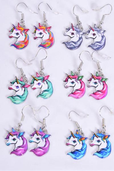Earrings Unicorn Enamel Color Asst / 12 pair = Dozen match 25016 25119 Fish Hook , 2 Of each Pattern Asst , Earring Card & OPP Bag & UPC Code