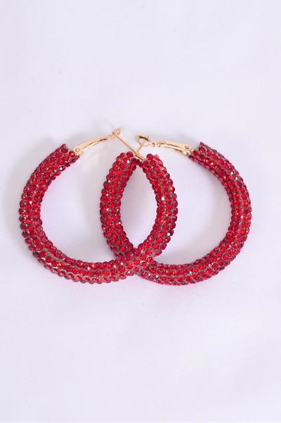 Earrings Loop Iridescent Red Stone / 12 pair = Dozen Post , Size-1.75" Wide , Earring Card & OPP Bag & UPC Code
