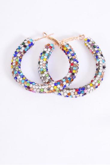 Earrings Hoop Iridescent Multi Color Stone / 12 pair = Dozen Post , Size - 1.75" Wide , Earring Card & OPP Bag & UPC Code