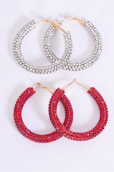 Earrings Loop Clear & Red Color Stone  Mix / 12 pair = Dozen Post , Size - 1.75" Wide , 6 Clear , 6 Red Color Asst , Earring Card & OPP Bag & UPC Code