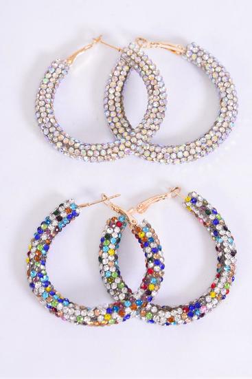 Earrings Hoop Multi Iridescent Clear Stone Mix / 12 pair = Dozen Post , Size - 1.75" Wide , 6 Multi , 6 Iridescent Clear Asst , Earring Card & OPP Bag & UPC Code