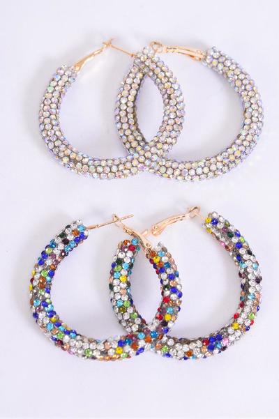Earrings Hoop Multi Iridescent Clear Stone Mix / 12 pair = Dozen Post , Size - 1.75" Wide , 6 Multi , 6 Iridescent Clear Asst , Earring Card & OPP Bag & UPC Code