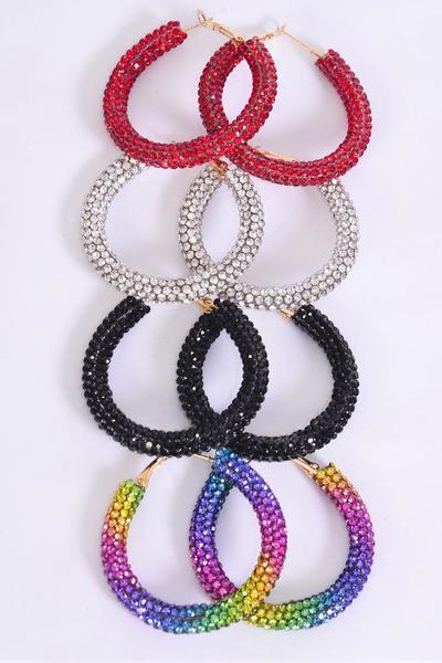 Earrings Loop Iridescent Red Clear Black & Gradient Rainbow Color Stone Mix / 12 pair = Dozen Post , Size - 1.75" Wide , 3 Clear , 3 Rainbow , 3 Black , 3 Red Color Asst , Earring Card & OPP Bag & UPC Code