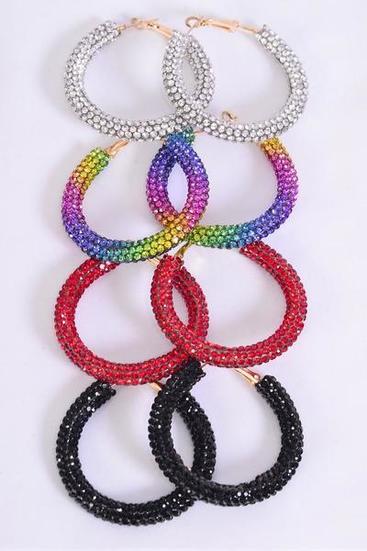Earrings Loop Iridescent Red Clear Black & Gradient Rainbow Color Stone  Mix/DZ **Post** Size-1.75" Wide,3 Clear,3 Rainbow,3 Black,3 Red Color Asst,Earring Card & OPP Bag & UPC Code