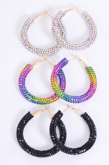 Earrings Hoop Black Rainbow Iridescent Color Mix / 12 pair = Dozen Post , Size - 2" Wide , 4 Black , 4 Rainbow , 4 Iribescent Color Asst , Earring Card & OPP Bag & UPC Code