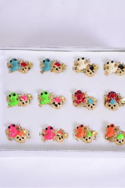 Rings 36 pcs Enamel Frog & Ladybug & Diamond Ring Mix / 36 pcs Rings = DY Adjustable , 2 of each Color Mix , 1Dz Velvet Display Window Box & OPP bag & UPC code