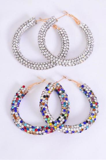 Earrings Loop Clear & Multi Color Stone  Mix/DZ **Post** Size-2" Wide,6 Multi,6 Clear Color Asst,Earring Card & OPP Bag & UPC Code