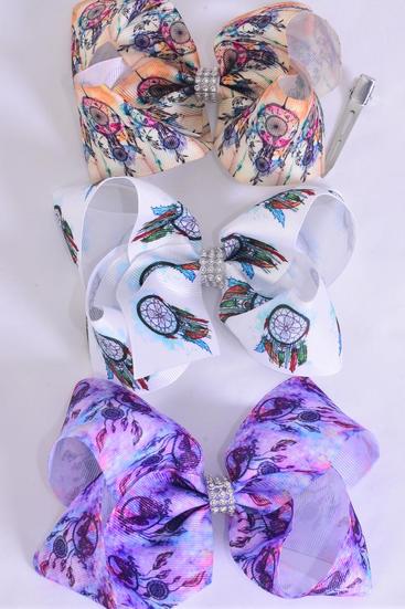Hair Bow Jumbo Dream Catcher Grosgrain Bow-tie /  12 pcs Bow = Dozen Alligator Clip , Size - 6" x 5" Wide , 4 Of each Pattern Asst , Clip Strip & UPC Code