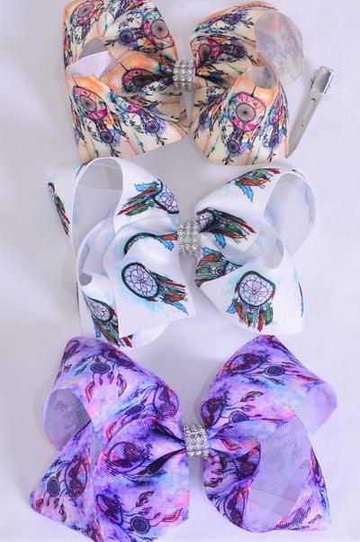 Hair Bow Jumbo Dream Catcher Grosgrain Bow-tie /  12 pcs Bow = Dozen Alligator Clip , Size - 6" x 5" Wide , 4 Of each Pattern Asst , Clip Strip & UPC Code