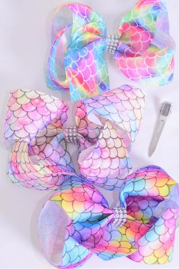 Hair Bow Jumbo Mermaid Scale Tiedye Gradient Grosgrain Bow-tie / 12 pcs Bow = Dozen Alligator Clip , Size - 6" x 5" Wide , 4 Of Each Pattern Asst , Clip Strip & UPC Code
