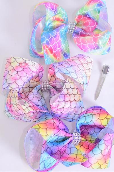 Hair Bow Jumbo Mermaid Scale Tiedye Gradient Grosgrain Bow-tie / 12 pcs Bow = Dozen Alligator Clip , Size - 6" x 5" Wide , 4 Of Each Pattern Asst , Clip Strip & UPC Code
