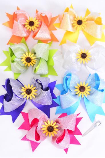 Hair Bow Jumbo Double Layered Metallic Happy Sunflower Citrus Grosgrain Bow-tie / 12 pcs Bow = Dozen  Alligator Clip , Size - 6" x 5" Wide , 2 White , 2 Fuchsia , 2 Purple , 2 Yellow , 2 Blue , 1 Lime , 1 Orange Color Asst , Clip Strip UPC Code