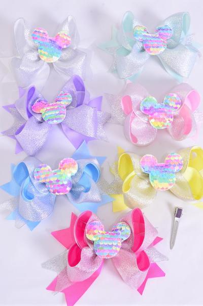 Hair Bow Jumbo Double Layered Center Flip Sequins Mouse Ear Charm Pastel Grosgrain Bow-tie / 12 pcs Bow = Dozen  Size-6"x 5", Alligator Clip ,2 White ,2 Pearl Pink ,2 Lavender ,2 Blue ,2 Yellow ,1 Hot Pink ,1 Mint Green Color Asst ,Clip Strip & UPC Code 86703