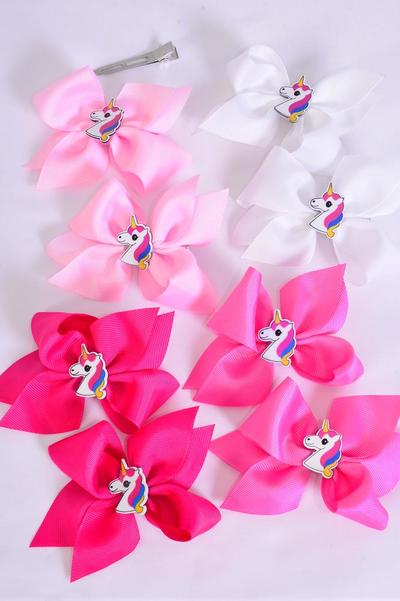 Hair Bow 24 pcs Center Unicorn Charm Pink Mix Grosgrain Bow-tie / 24 pcs Bow = Dozen  Alligator Clip , Size - 3.5" x 3" Wide , 3 White , 3 Baby Pink , 3 Hot Pink , 3 Fuchsia Color Asst , Clip Strip & UPC Code