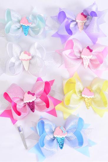 Hair Bow Jumbo Double Layered Metallic Ice Cream Charm Pastel Grosgrain Bow-tie/DZ **Pastel** Alligator Clip,Bow-6"x 5" Wide,2 White,2 Lavender,2 Baby Pink,2 Hot Pink,2 Mint Green,1 Blue,1 Yellow Asst,Clip Strip & UPC Code