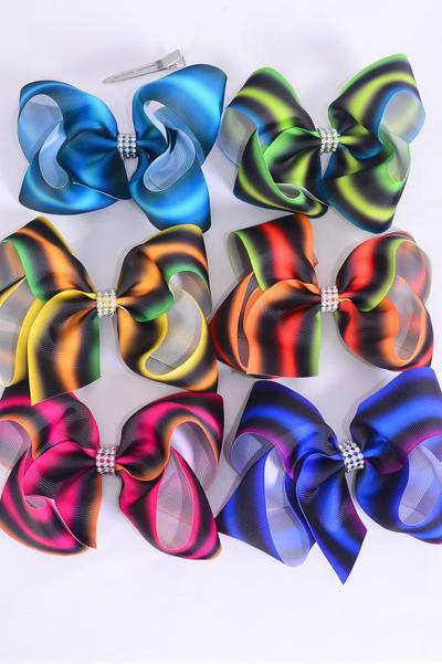 Hair Bow Jumbo Gradient Stripe Pattern Mix Grosgrain Bow-tie Multi / 12 pcs Bow = Dozen Alligator Clip , Size - 6" x 5" Wide , 2 of each Pattern Asst , Clip Strip & UPC Code