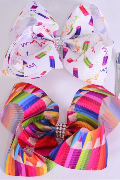 Hair Bow Jumbo Back to School Color Pencil Grosgrain Bow-tie / 12 pcs Bow = Dozen  Alligator Clip , Size-6"x 5" Wide , 6 Of Each Pattern Asst , Clip Strip & UPC Code