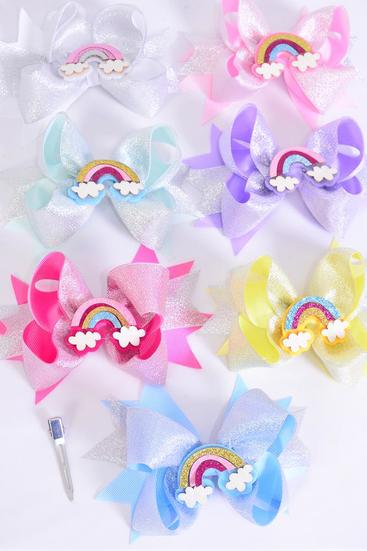 Hair Bow Jumbo Double Layered Metallic Happy Rainbow Grosgrain Bow-tie Pastel / 12 pcs Bow = Dozen Alligator Clip , Bow - 6" x 5" , 2 White , 2 Lavender , 2 Baby Pink , 2 Hot Pink , 2 Mint Green , 1 Blue , 1 Yellow Asst , Clip Strip & UPC Code
