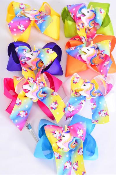 Hair Bow Jumbo Double Layered Rainbow Unicorn Charm Citrus / 12 pcs Bow = Dozen Alligator Clip , Size - 6" x 6" Wide , 2 White , 2 Fuchsia , 2 Purple , 2 Yellow , 2 Blue , 1 Lime , 1 Orange Color Asst , Clip Strip & UPC Code