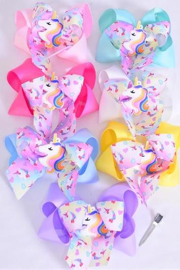 Hair Bow Jumbo Double Layered Unicorn Charm Grosgrain Bow-tie Pastel / 12 pcs Bow = Dozen Alligator Clip , Size- 6" x 5",  2 White , 2 Baby Pink , 2 Lavender , 1 Blue , 1 Yellow , 2 Hot Pink , 2 Mint Color Asst , Clip Strip & UPC Code