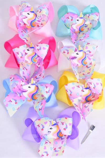 Hair Bow Jumbo Double Layered Unicorn Charm Grosgrain Bow-tie Pastel / 12 pcs Bow = Dozen Size-6"x 6", Alligator Clip, 2 White, 2 Baby Pink, 2 Lavender, 1 Blue, 1 Yellow, 2 Hot Pink, 2 Mint Green Color Asst, Clip Strip & UPC Code