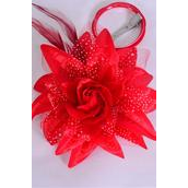 Flower Silk Lily Baby Breath & Feathers Alligator Clip Red/DZ **Red** Size- 5.5",Alligator Clip & Brooch & Elastic Pont,Display Card & UPC Code